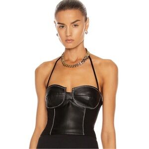 Staud Glen Top Black Faux Leather Fabric Corset Crop Halter Bustier Top